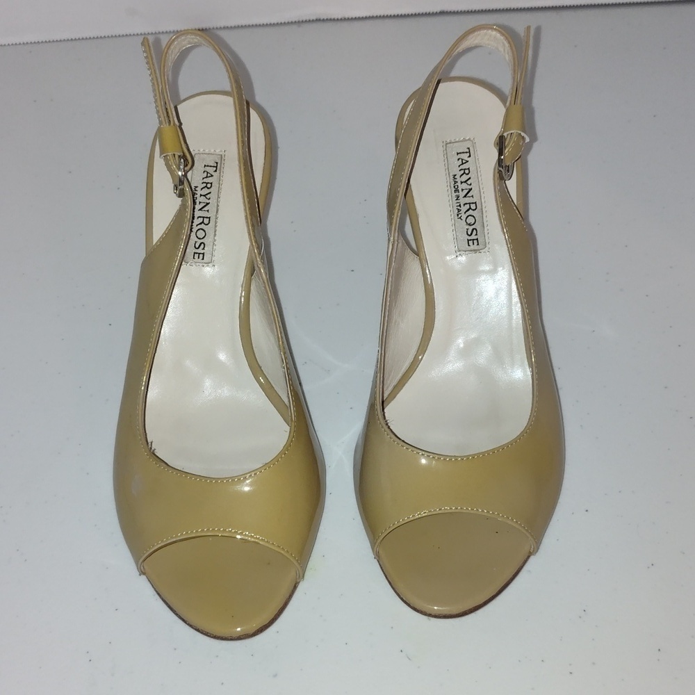 Taryn Rose beige tan sand color Patent Leather Open Toe Heels Size 37 Size 7